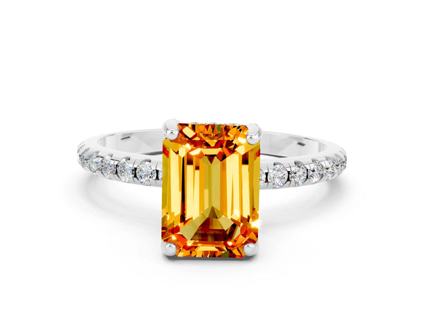 Platinum Emerald Cut Citrine Hidden Halo Engagement Ring with Round Pavé Band and Prong Setting
