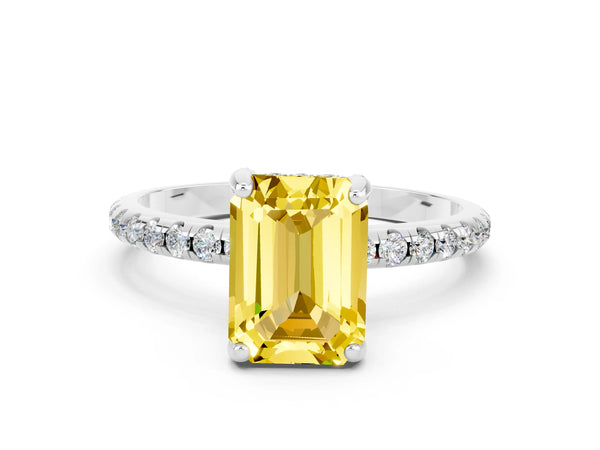 Silver Emerald Cut Yellow Sapphire Hidden Halo Engagement Ring with Round Pavé Band and Prong Setting