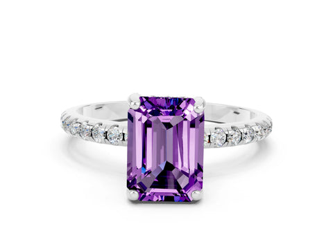 White gold Emerald Cut Diamond Solitaire Ring with Four-Prong Setting and Pavé Band