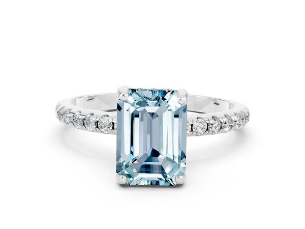 Silver Emerald Cut Aquamarine Hidden Halo Engagement Ring with Round Pavé Band and Prong Setting