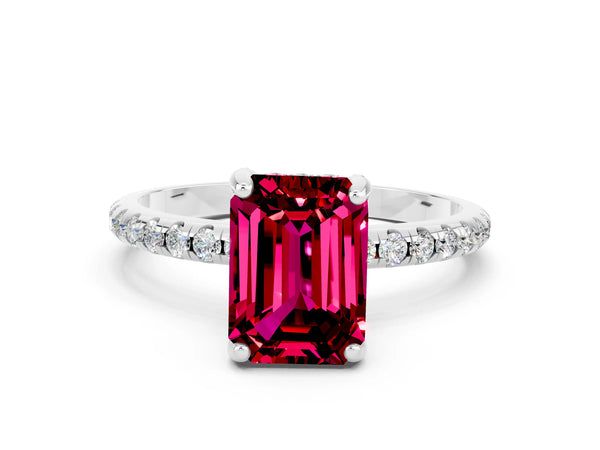 White gold Emerald Cut Garnet Hidden Halo Engagement Ring with Round Pavé Band and Prong Setting