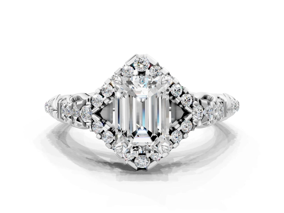 White gold Emerald Cut Diamond Solitaire Ring with Hidden Halo and Pavé Band_33