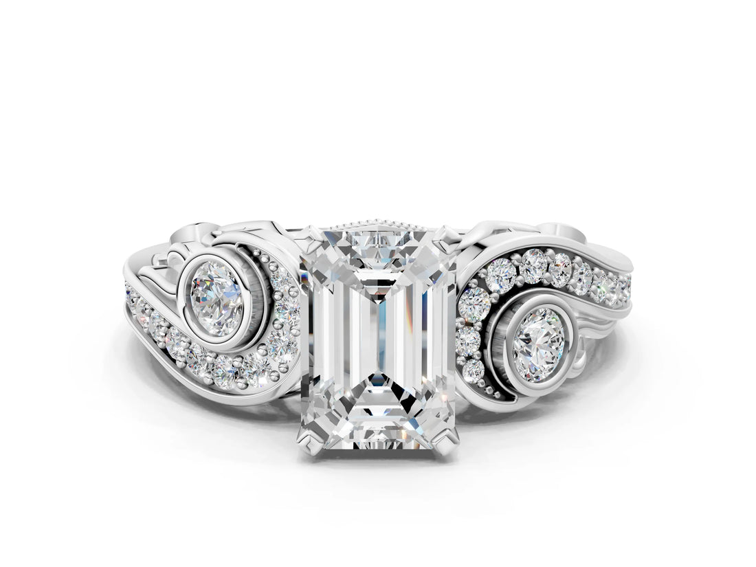 White gold Emerald Cut Diamond Solitaire Ring with Milgrain Pavé Band and Four-Prong Setting_220
