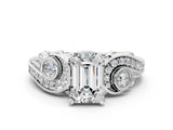 White gold Emerald Cut Diamond Solitaire Ring with Milgrain Pavé Band and Four-Prong Setting_221