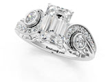 White gold Emerald Cut Diamond Solitaire Ring with Milgrain Pavé Band and Four-Prong Setting_221