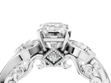White gold Emerald Cut Diamond Solitaire Ring with Milgrain Pavé Band and Four-Prong Setting_225