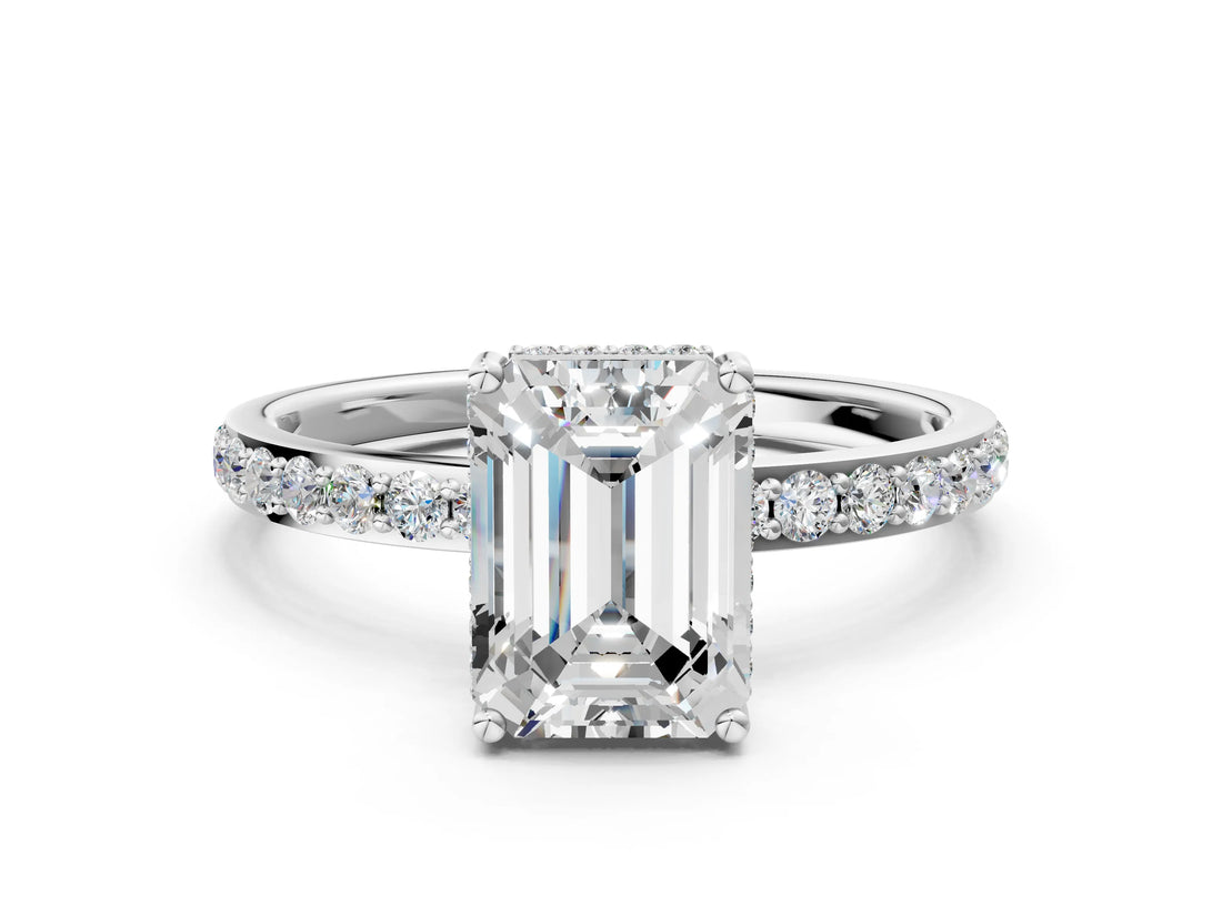 White gold Emerald Cut Diamond Solitaire Ring with Pavé Band and Hidden Halo_25