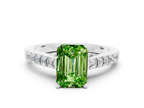Platinum Emerald Cut Peridot Solitaire Ring with Crossover Gallery and Round  Pavé Band