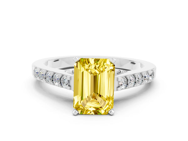 Silver Emerald Cut Yellow Sapphire Solitaire Ring with Crossover Gallery and Round  Pavé Band