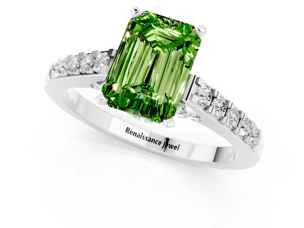Platinum Emerald Cut Peridot Solitaire Ring with Crossover Gallery and Round  Pavé Band