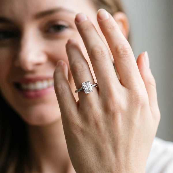 White Gold Emerald Cut Pave Solitaire Engagement Ring Setting with Sweeping Shoulders