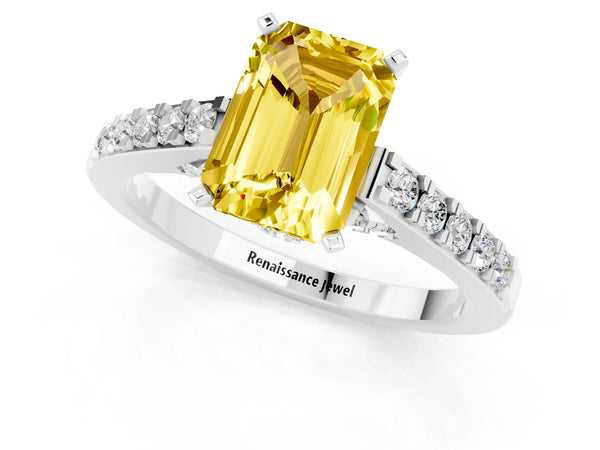 White gold Emerald Cut Yellow Sapphire Solitaire Ring with Crossover Gallery and Round  Pavé Band