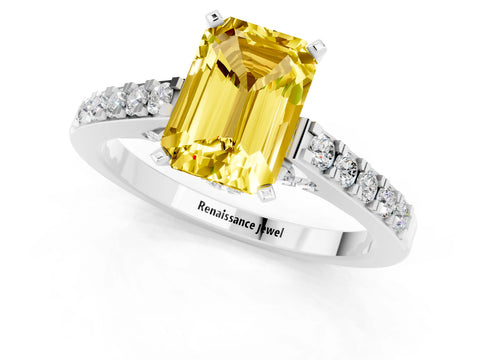 White gold Emerald Cut Diamond Solitaire Ring with Pavé Band and Prong Setting_1
