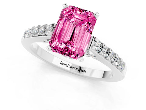 White gold Emerald Cut Diamond Solitaire Ring with Pavé Band and Prong Setting_1