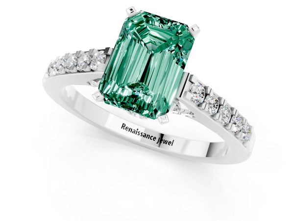 Silver Emerald Cut Green Sapphire Solitaire Ring with Crossover Gallery and Round  Pavé Band