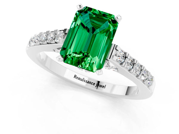 Silver Emerald Cut Emerald Solitaire Ring with Crossover Gallery and Round  Pavé Band