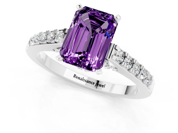 Platinum Emerald Cut Amethyst Solitaire Ring with Crossover Gallery and Round  Pavé Band