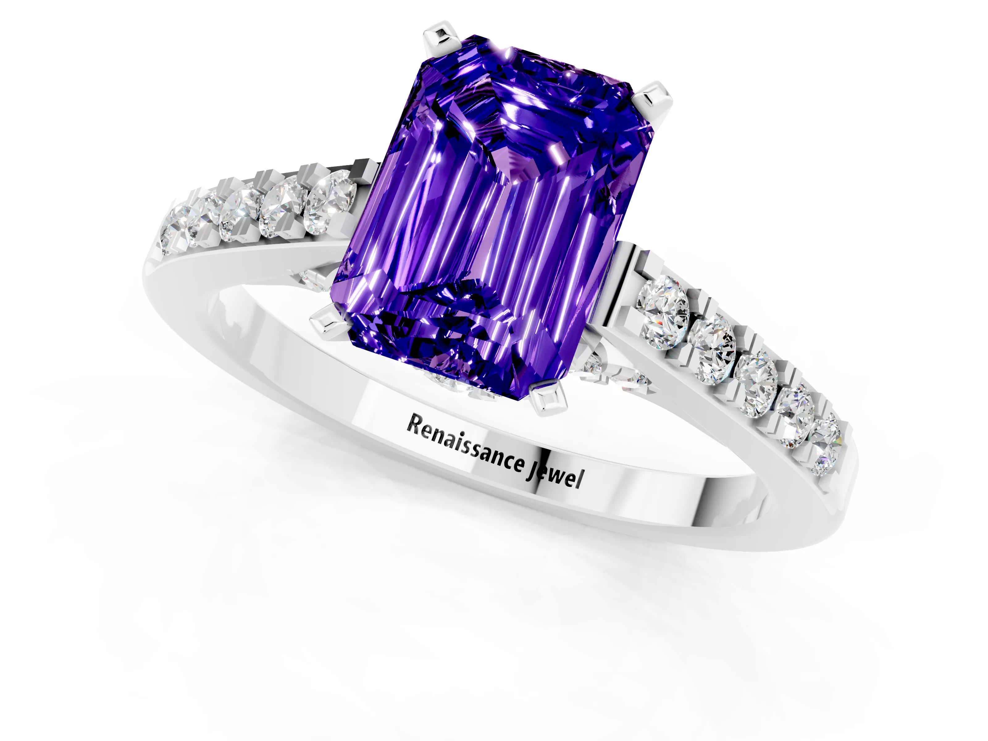 White gold Emerald Cut Diamond Solitaire Ring with Pavé Band and Prong Setting_1