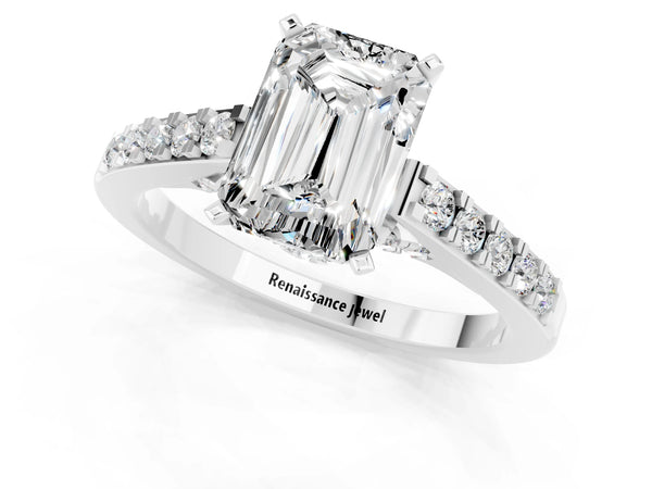 White gold Emerald Cut Moissanite Solitaire Ring with Crossover Gallery and Round  Pavé Band