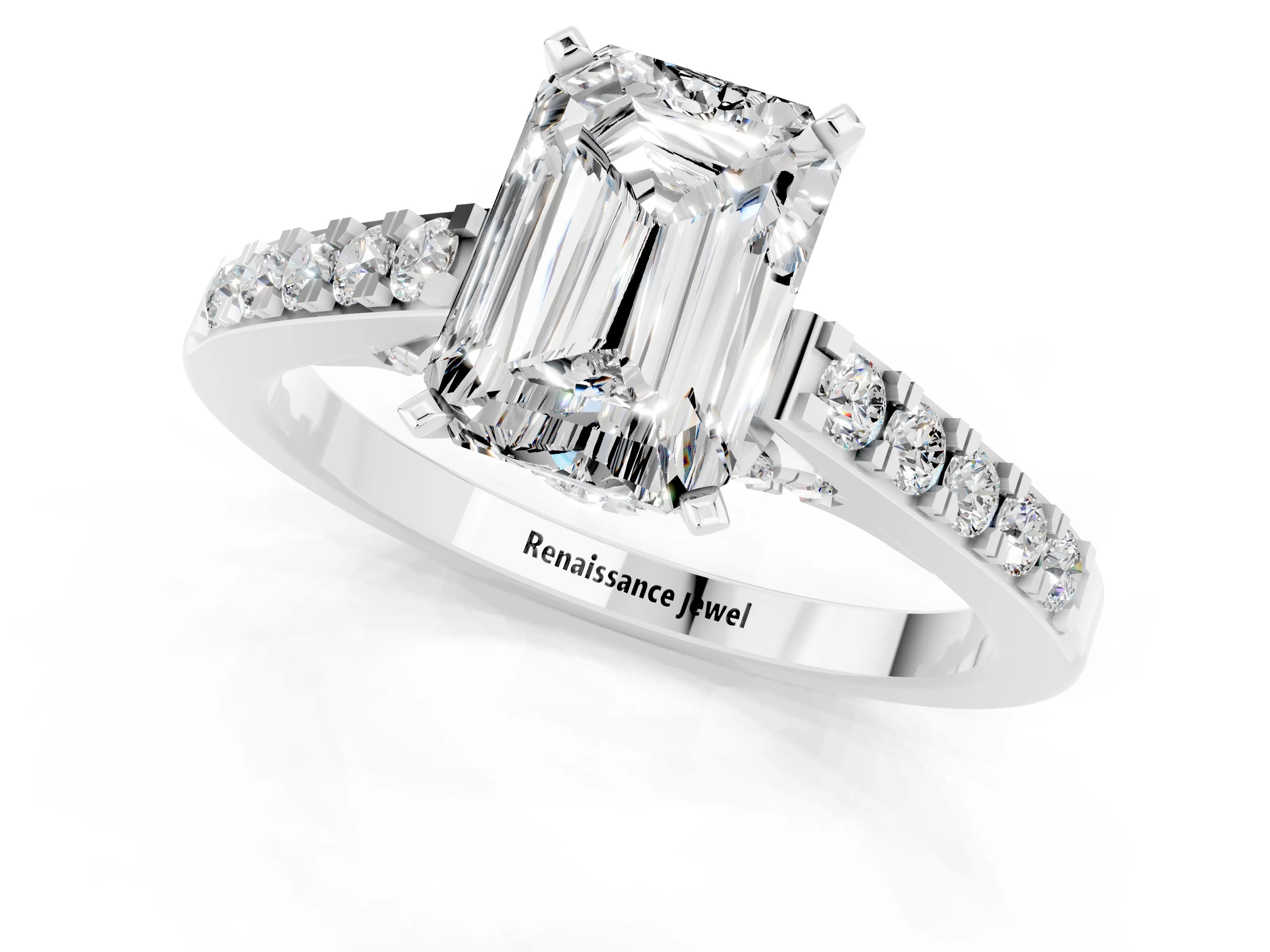 White gold Emerald Cut Diamond Solitaire Ring with Pavé Band and Prong Setting_1
