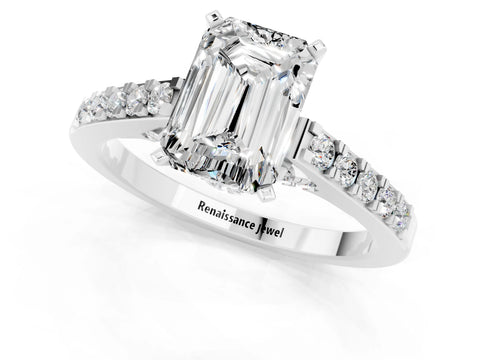 White gold Emerald Cut Diamond Solitaire Ring with Pavé Band and Prong Setting_1
