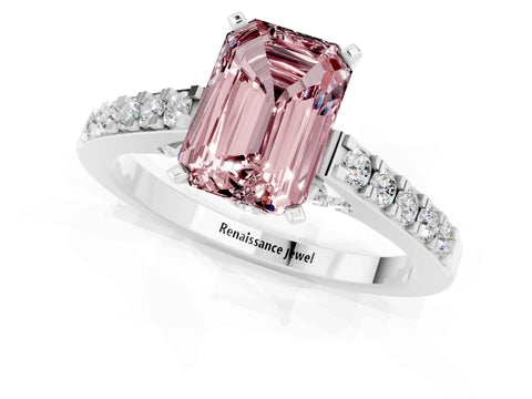 White gold Emerald Cut Diamond Solitaire Ring with Pavé Band and Prong Setting_1