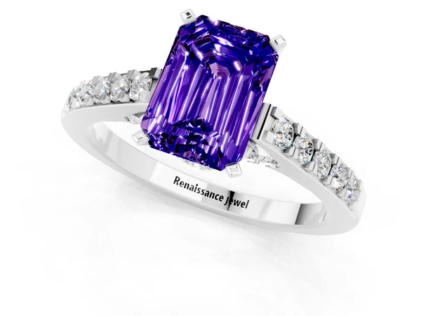 Silver Emerald Cut Tanzanite Solitaire Ring with Crossover Gallery and Round  Pavé Band