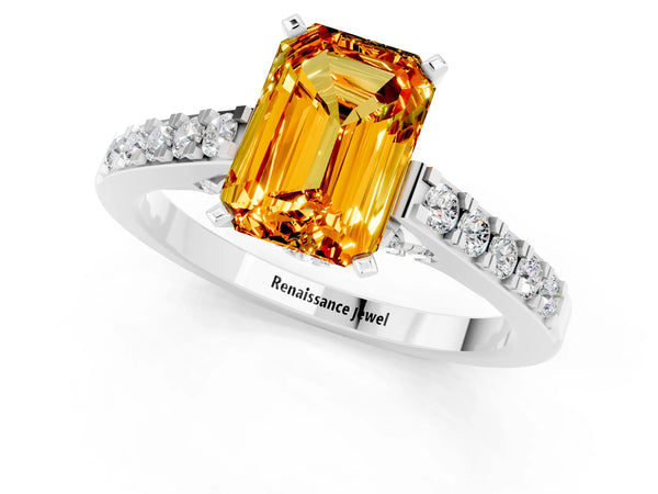 Silver Emerald Cut Citrine Solitaire Ring with Crossover Gallery and Round  Pavé Band
