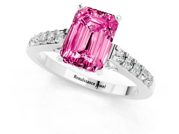 Silver Emerald Cut Pink Sapphire Solitaire Ring with Crossover Gallery and Round  Pavé Band