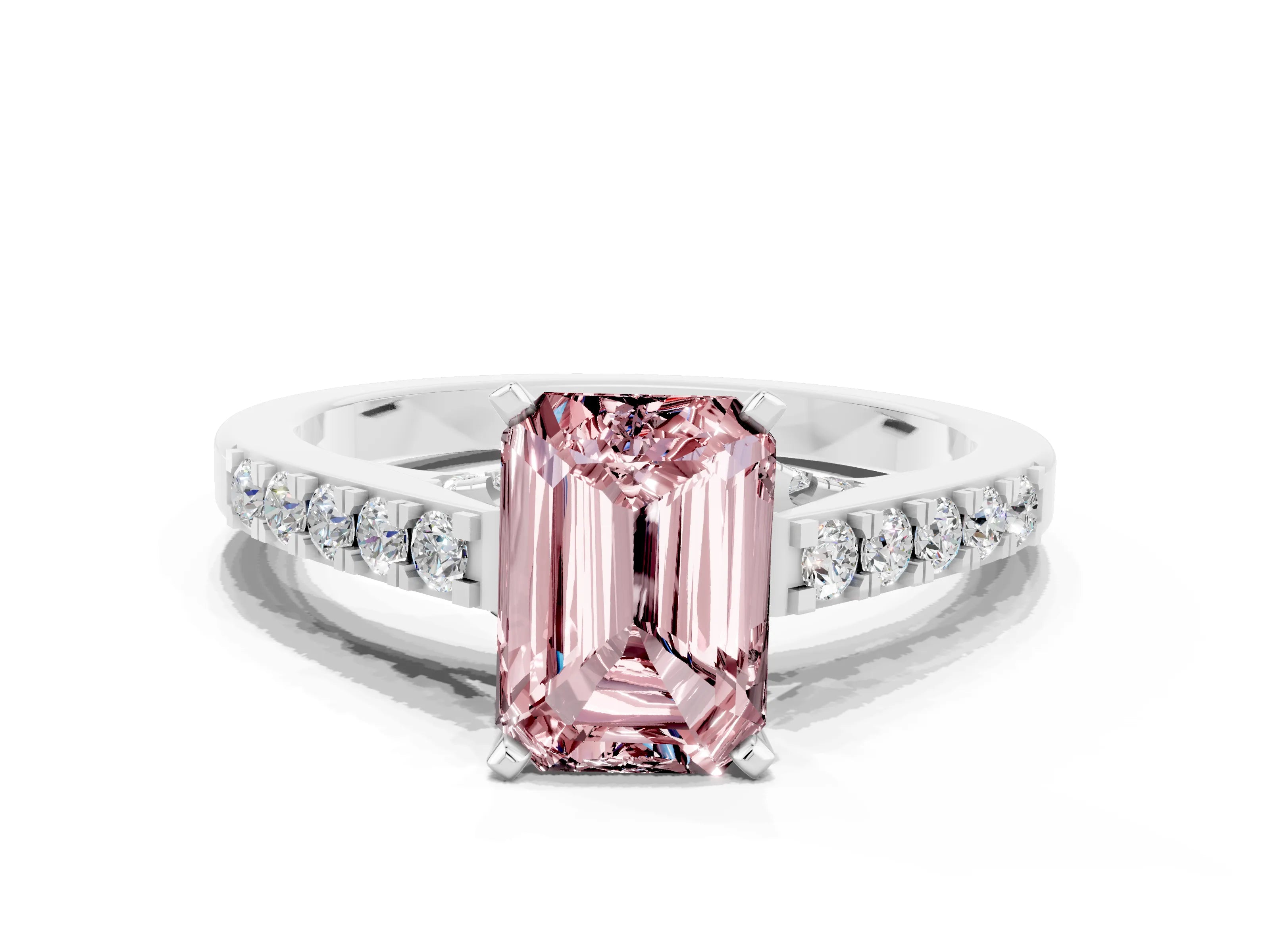 White gold Emerald Cut Diamond Solitaire Ring with Pavé Band and Prong Setting