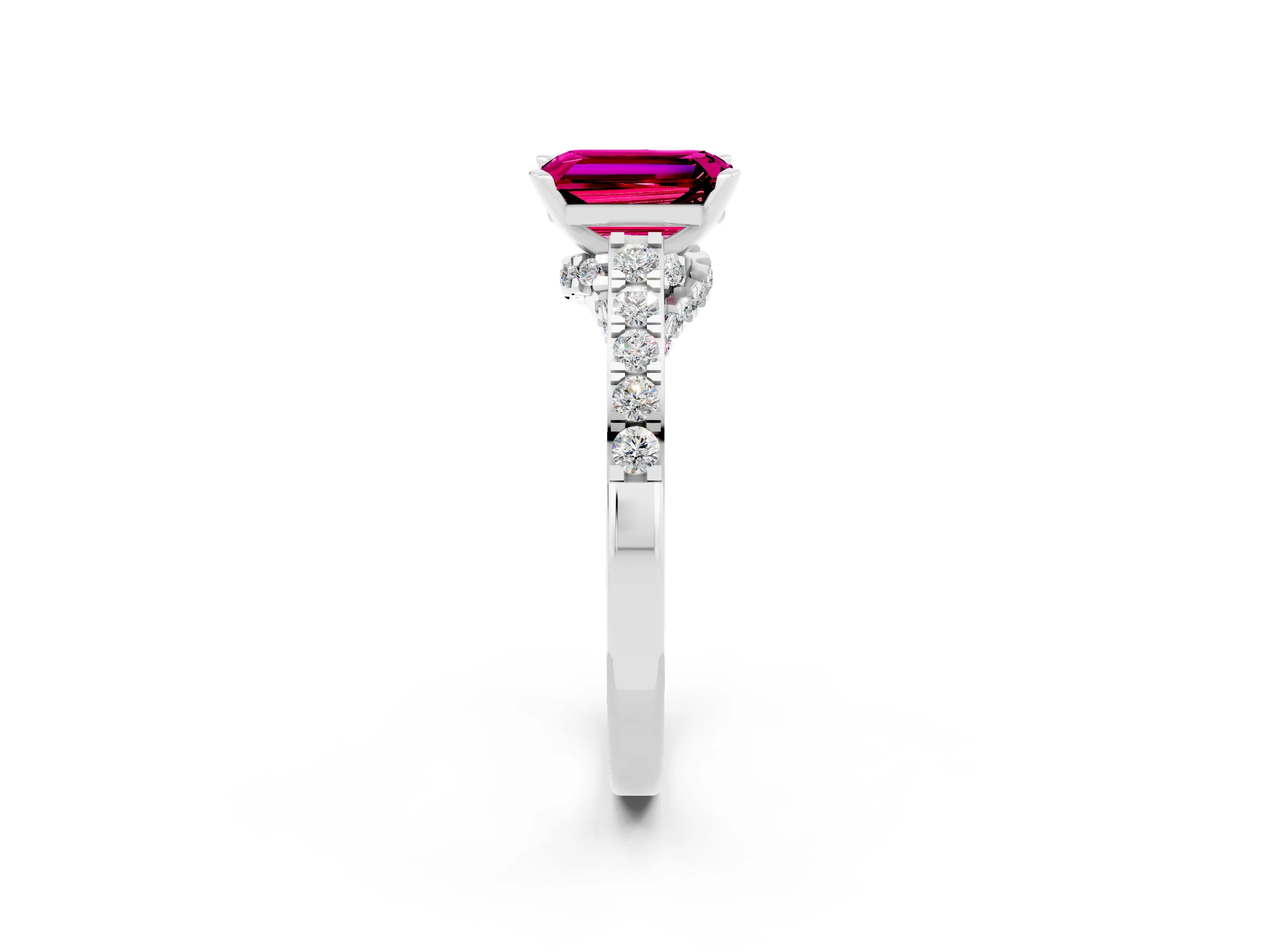 White gold Emerald Cut Diamond Solitaire Ring with Pavé Band and Prong Setting_2