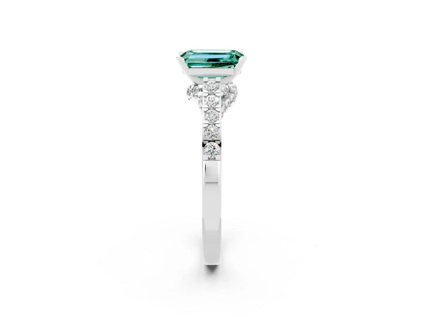 White gold Emerald Cut Green Sapphire Solitaire Ring with Crossover Gallery and Round  Pavé Band