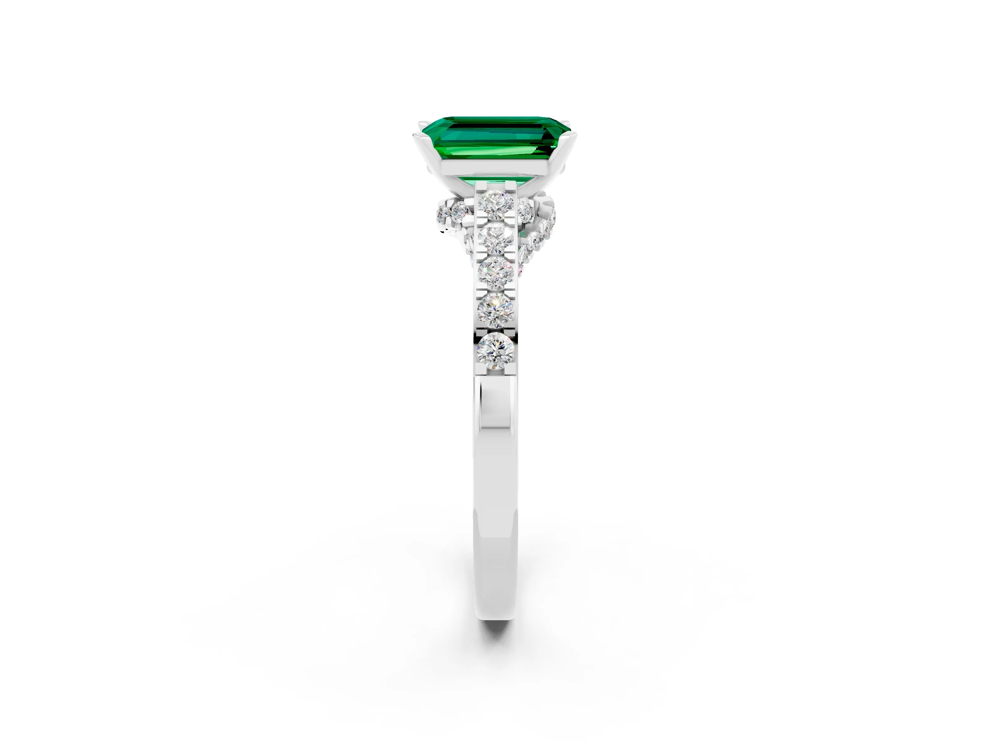 White gold Emerald Cut Diamond Solitaire Ring with Pavé Band and Prong Setting_2