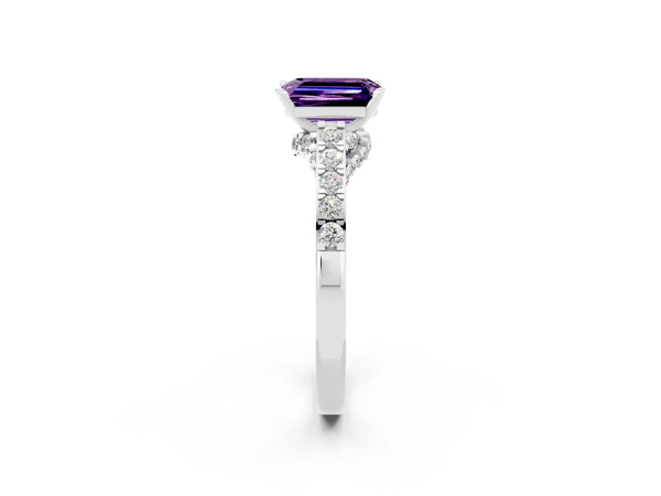Silver Emerald Cut Amethyst Solitaire Ring with Crossover Gallery and Round  Pavé Band
