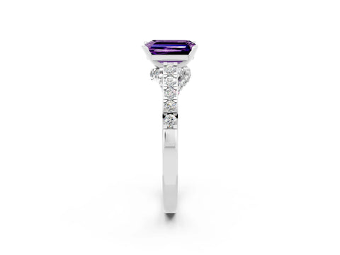 White gold Emerald Cut Diamond Solitaire Ring with Pavé Band and Prong Setting_2