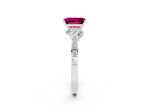 Platinum Emerald Cut Garnet Solitaire Ring with Crossover Gallery and Round  Pavé Band