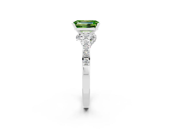 Silver Emerald Cut Peridot Solitaire Ring with Crossover Gallery and Round  Pavé Band