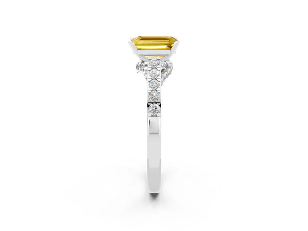 Silver Emerald Cut Yellow Sapphire Solitaire Ring with Crossover Gallery and Round  Pavé Band