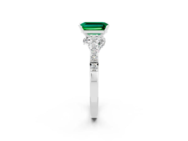 Silver Emerald Cut Emerald Solitaire Ring with Crossover Gallery and Round  Pavé Band