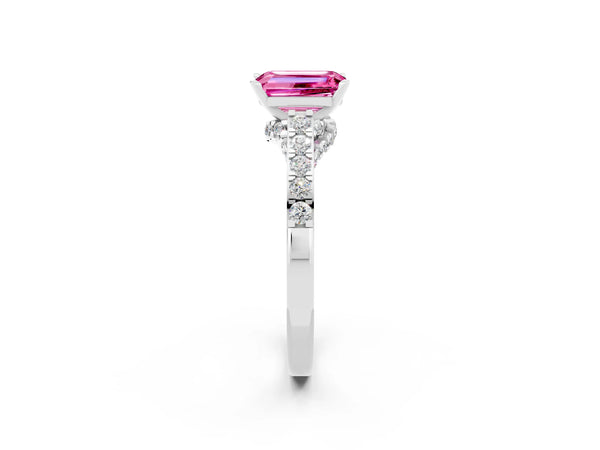 Silver Emerald Cut Pink Sapphire Solitaire Ring with Crossover Gallery and Round  Pavé Band