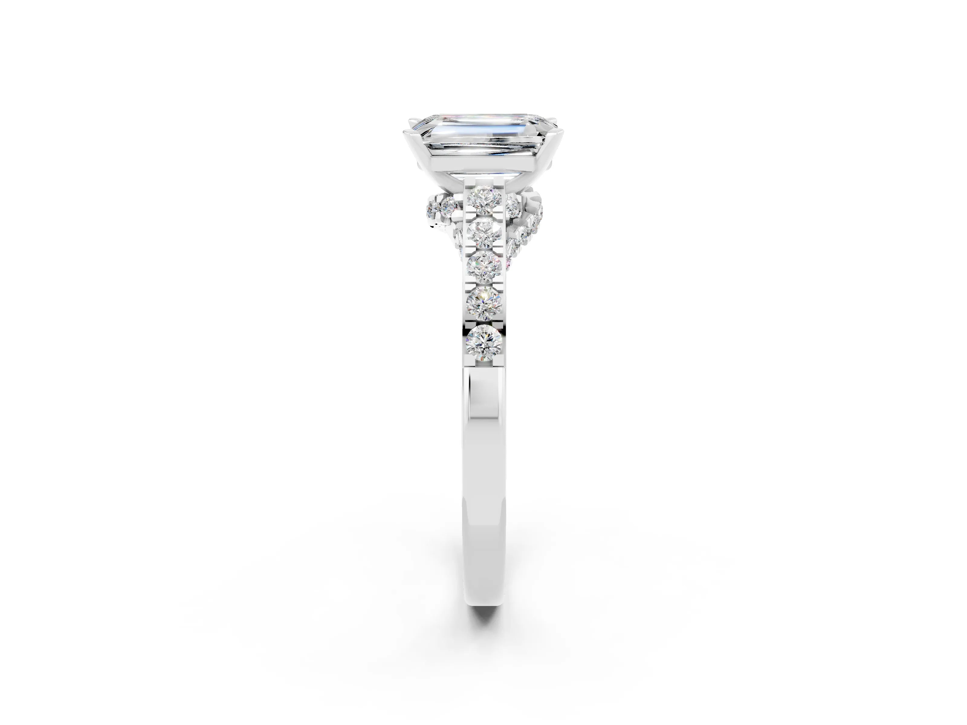 White gold Emerald Cut Diamond Solitaire Ring with Pavé Band and Prong Setting_2