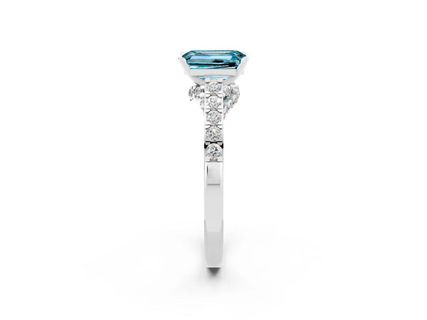 Silver Emerald Cut Blue Topaz Solitaire Ring with Crossover Gallery and Round  Pavé Band