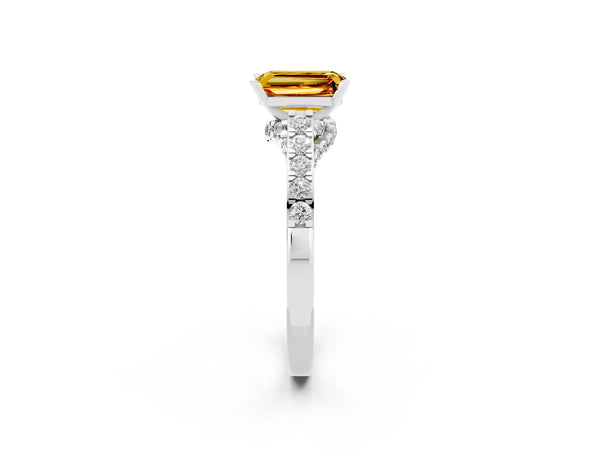 Silver Emerald Cut Citrine Solitaire Ring with Crossover Gallery and Round  Pavé Band