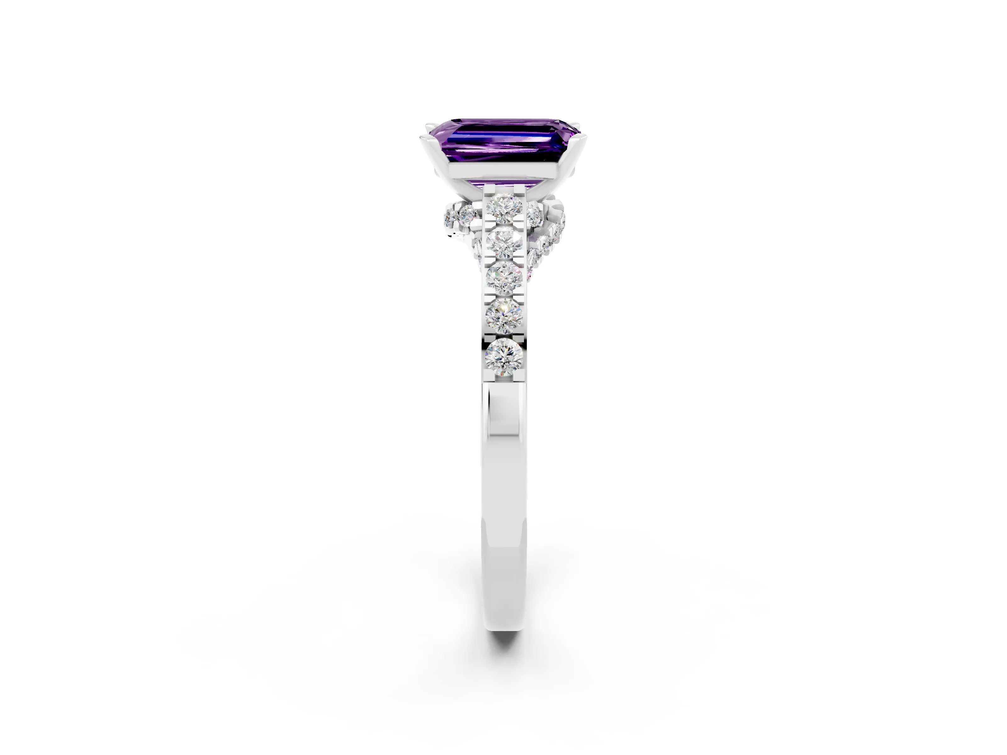 White gold Emerald Cut Diamond Solitaire Ring with Pavé Band and Prong Setting_2