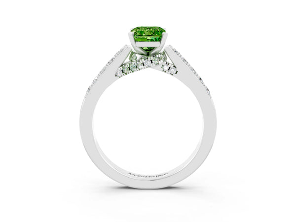 Platinum Emerald Cut Peridot Solitaire Ring with Crossover Gallery and Round  Pavé Band