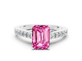 White gold Emerald Cut Diamond Solitaire Ring with Pavé Band and Prong Setting