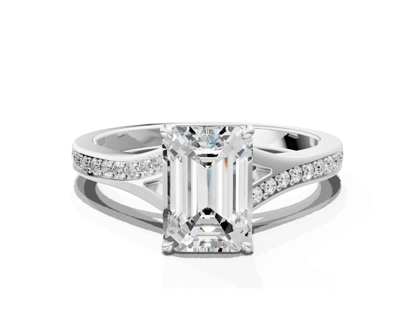 White Gold Emerald Cut Pave Solitaire Engagement Ring Setting with Sweeping Shoulders