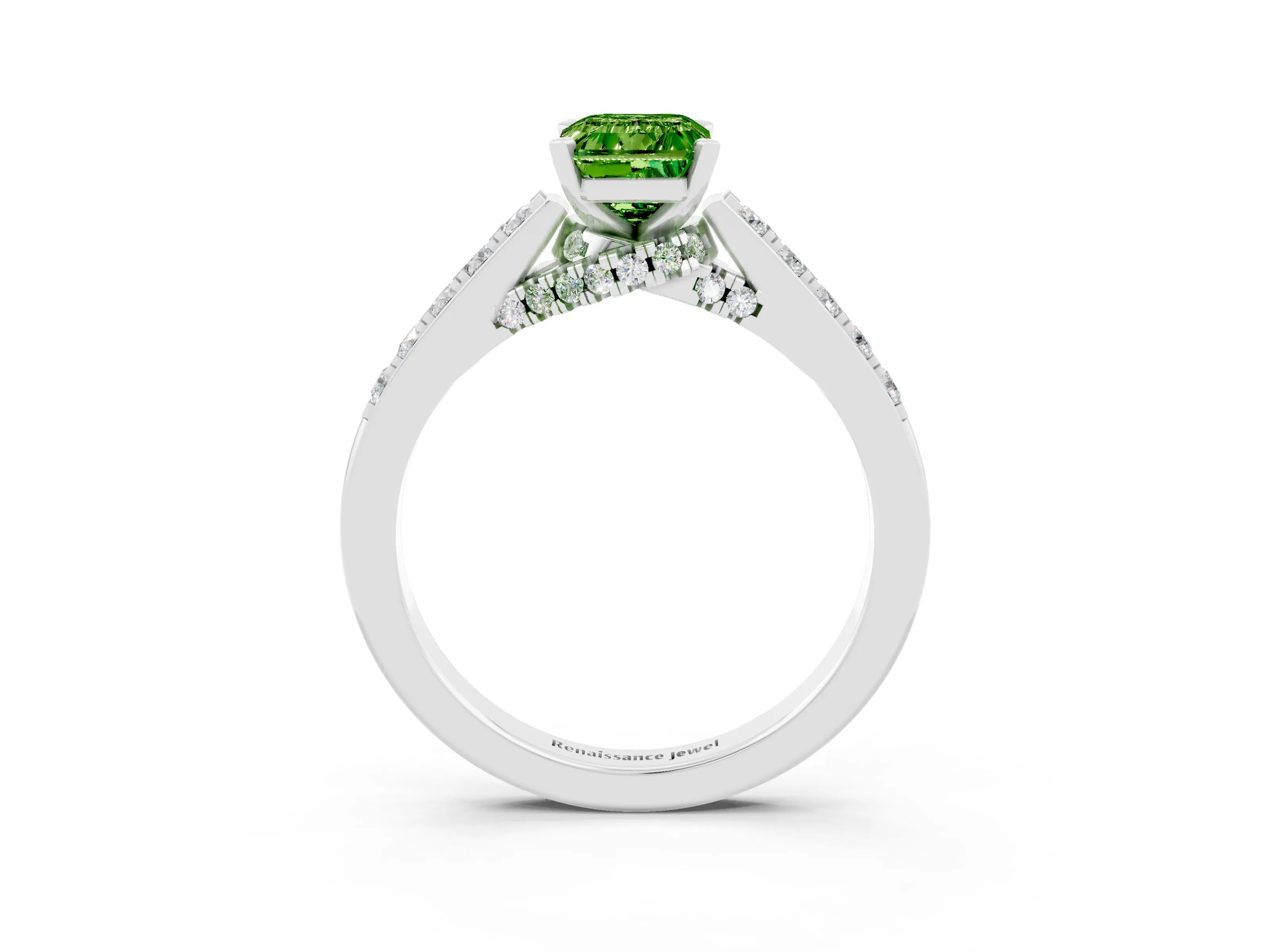 White gold Emerald Cut Diamond Solitaire Ring with Pavé Band and Prong Setting_3