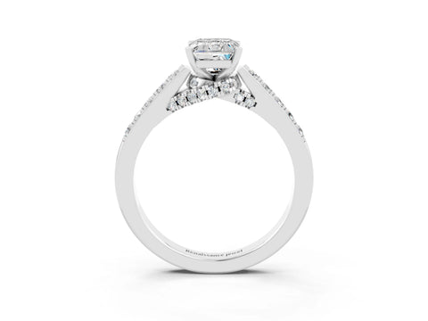 White gold Emerald Cut Diamond Solitaire Ring with Pavé Band and Prong Setting_3