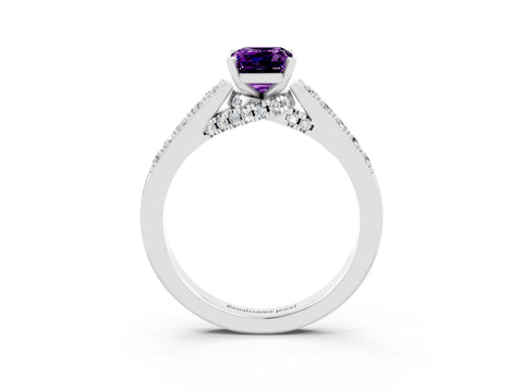 White gold Emerald Cut Diamond Solitaire Ring with Pavé Band and Prong Setting_3